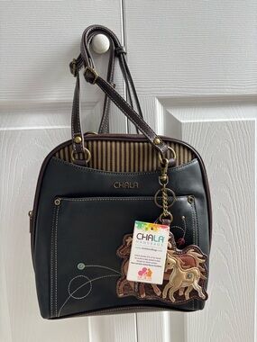 Chala Black & Brown Convertible Backpack Purse with Horse Charm